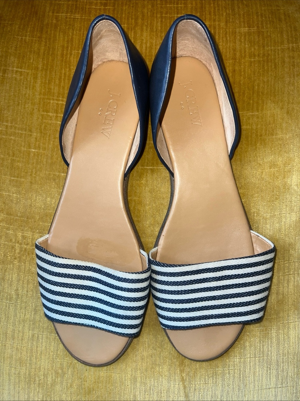 J.Crew Women's Navy White Striped Leather d'Orsay Flat Sandals Nautical 7 1/2